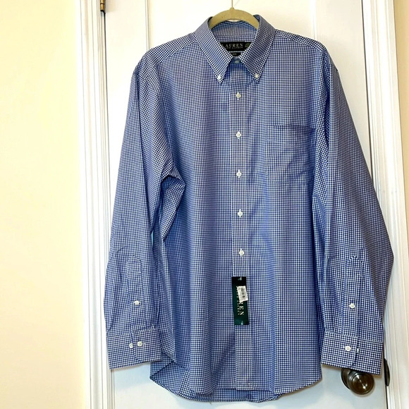 NWT LRL Cotton Dress Shirt Long Sleeve Men's 16.5 34/35 Blue White Check Preppy - Picture 2 of 16
